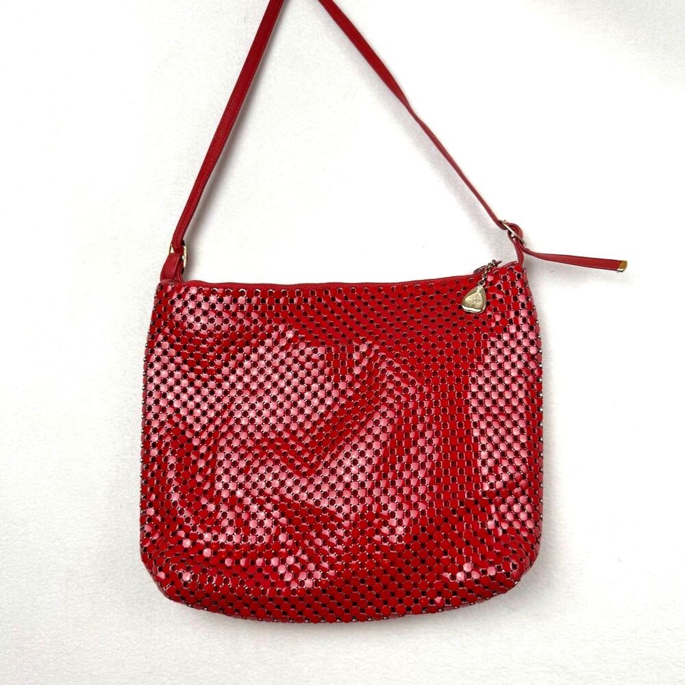 Vintage Whiting Davis Red Metal Mesh Crossbody Shoulder Bag Made In USA